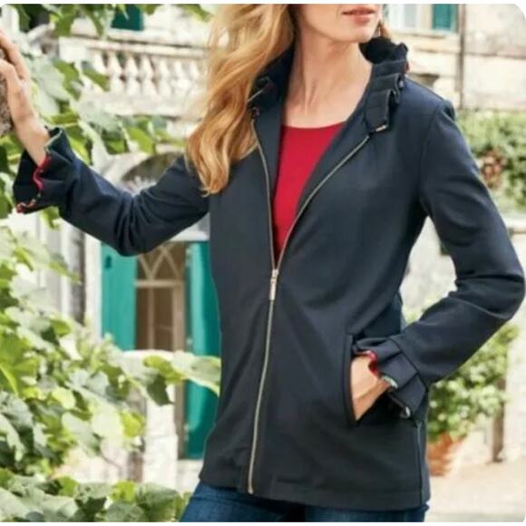 Soft Surroundings stand up ruffle collar jacket black rose gold accent - Picture 1 of 9